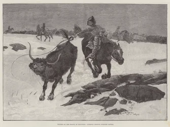 Winter on the Plains of Manitoba, Cowboys chasing Strayed Cattle